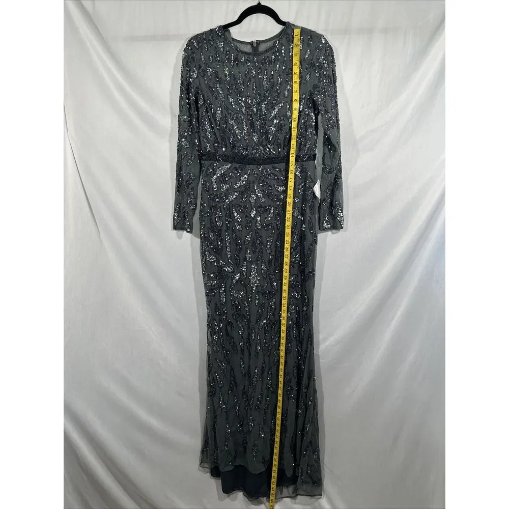 NWT $598 Mac Duggal [‎ 8 ] Beaded Long Sleeve Evening Gown 5124 Charcoal